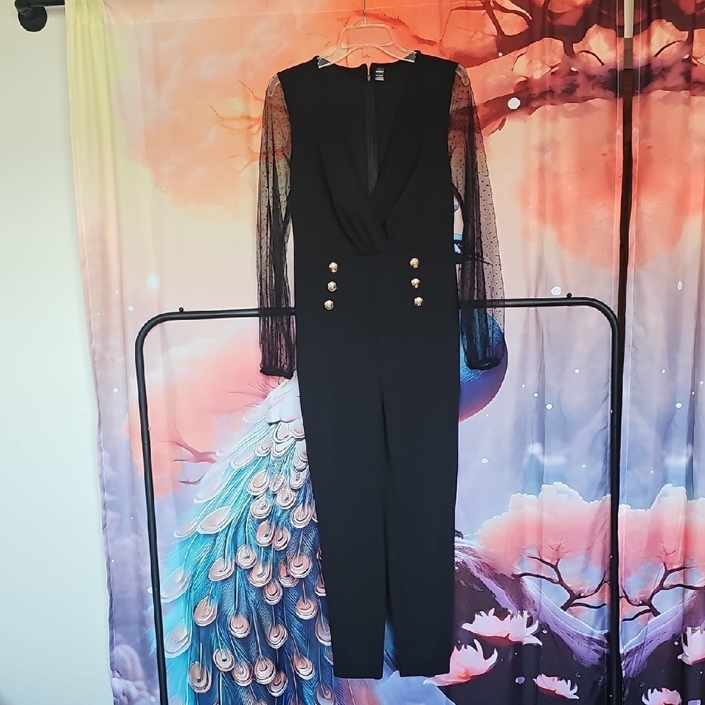 Black Jumpsuit with Sheer Sleeves and Gold Buttons